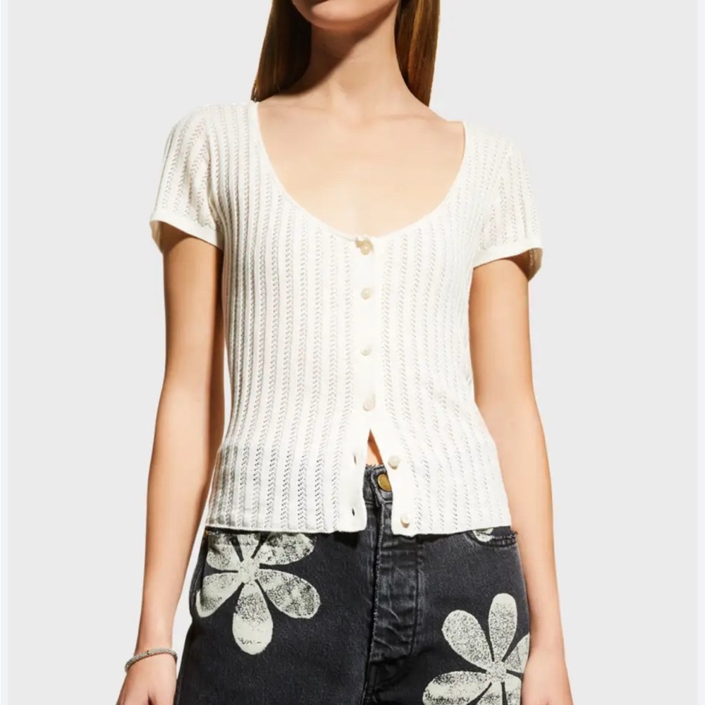 Paige Anthy Ribbed Knitted Cotton short cap Sleeve Pointelle Top